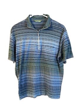 Dalmine Italian Men's Blue and Green Striped Short Sleeve Golf Q-Zip Polo Sz 52